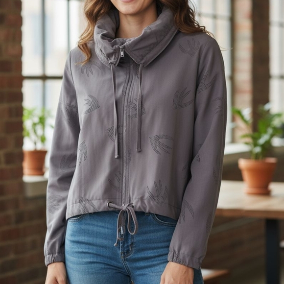 Nanette Lepore -Gray Zip-Up Jacket,Ruched Sleeves, Sparrow Design, Front Pockets - Picture 15 of 15